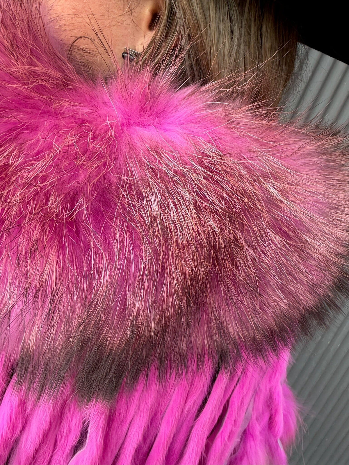 Hot Pink Raccoon Collar With Rabbit Fringe - MKCOLR-HP