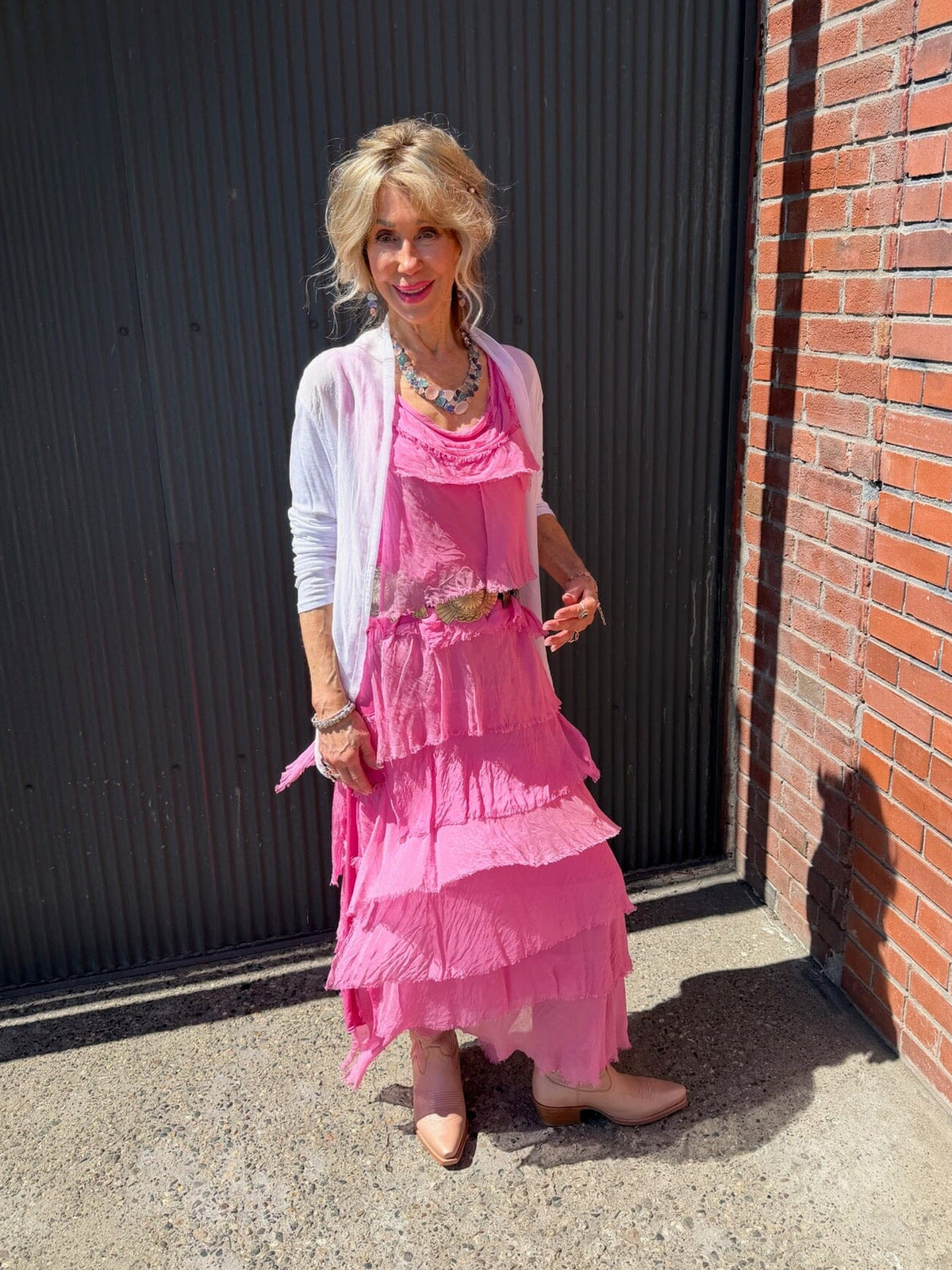 Hot Pink Silk Tiered Maxi Dress - DGG2-HP