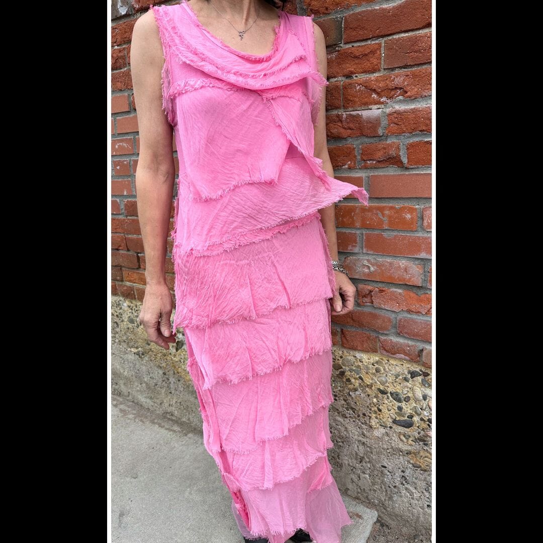 Hot Pink Silk Tiered Maxi Dress - DGG2-HP STONE FEATHER ROAD Hot Pink Silk Tiered Maxi Dress - DGG2-HP STONE FEATHER ROAD