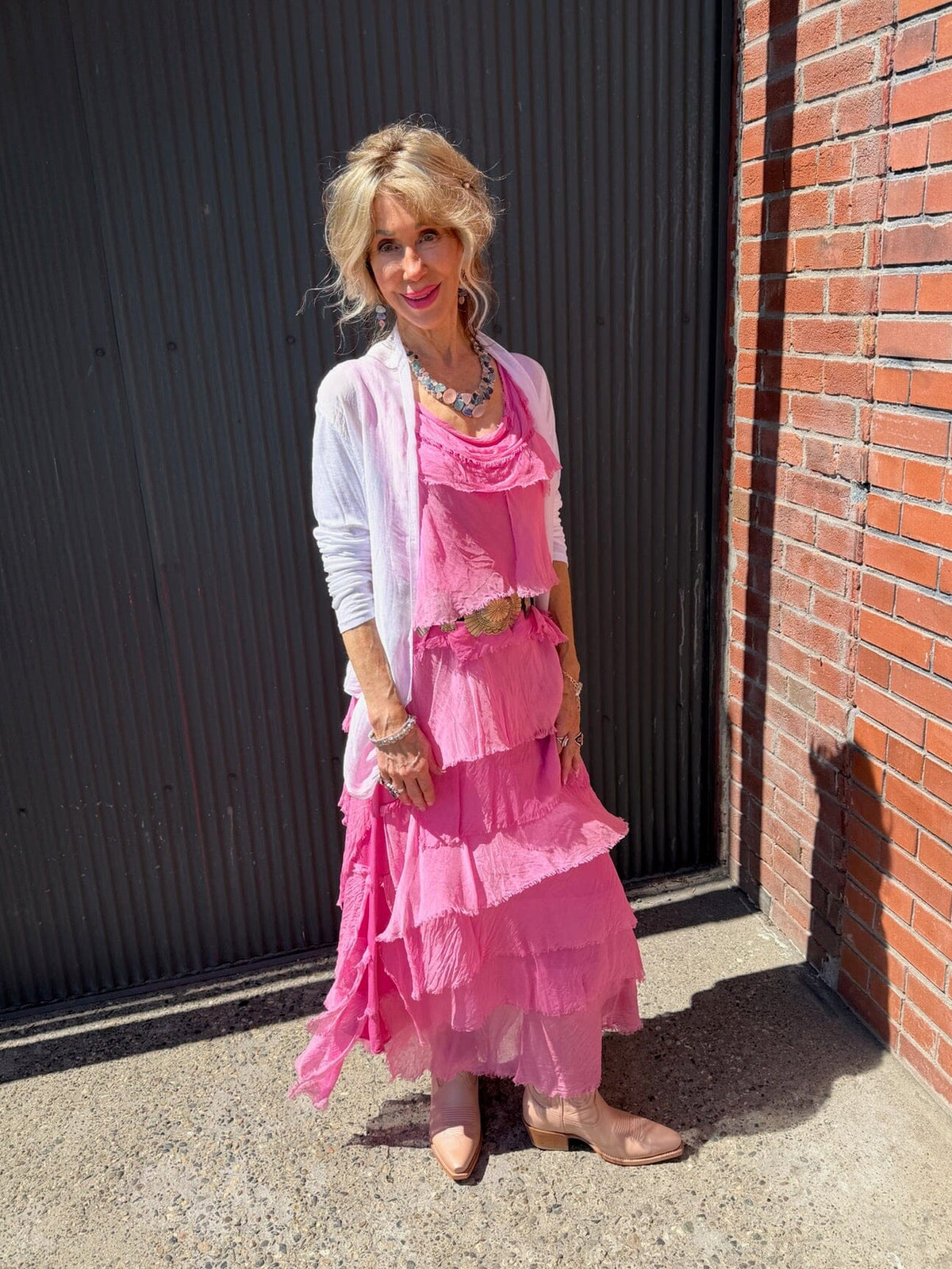 Hot Pink Silk Tiered Maxi Dress - DGG2-HP