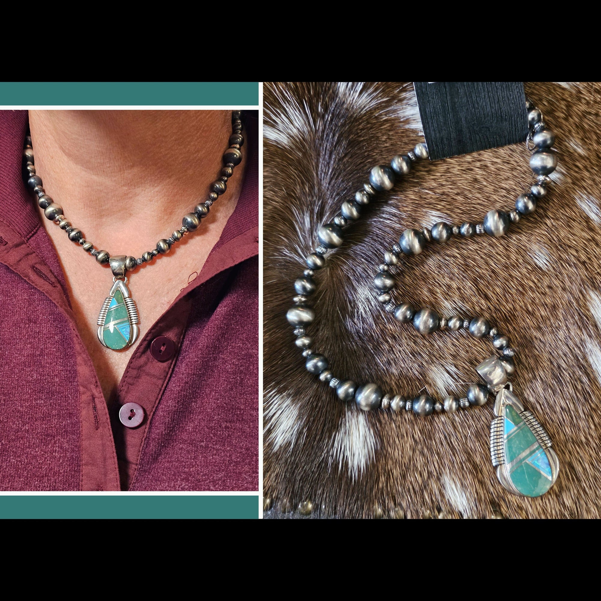 Inlaid Turquoise and Opa pendan/ on Navajo Pearl Necklace - NOA67