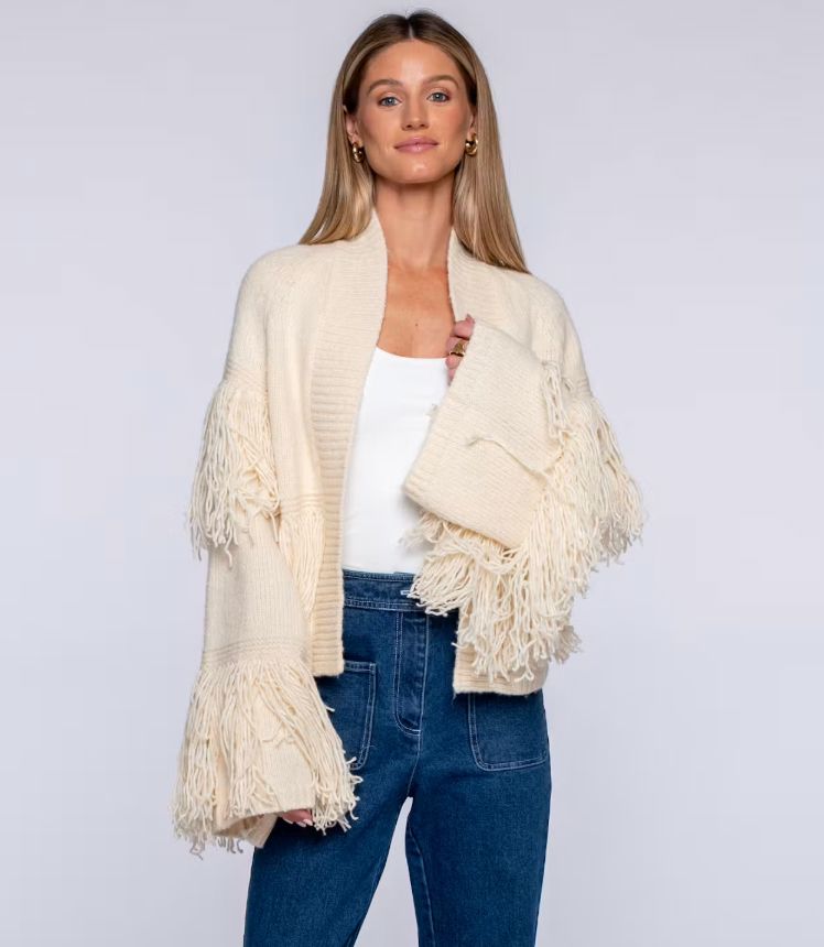 Ivory Carmen Fringed Cardigan Sweater - 294351