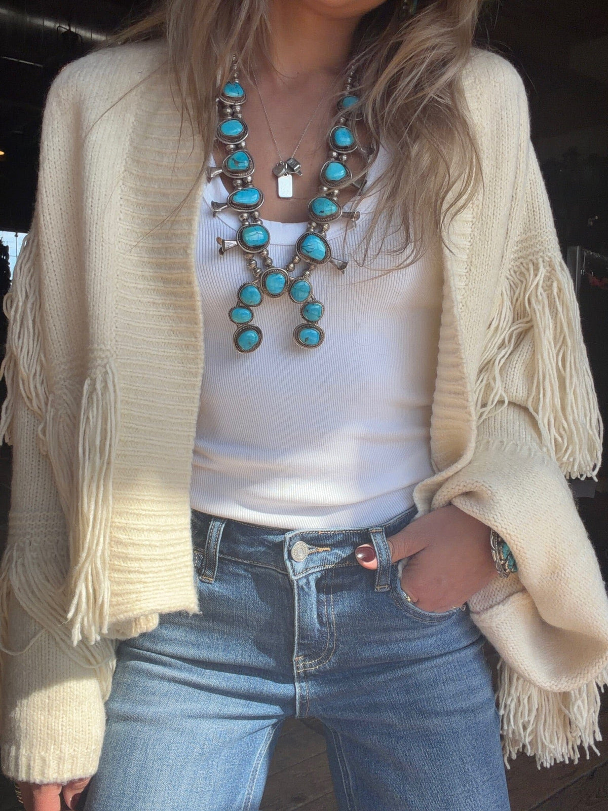Ivory Carmen Fringed Cardigan Sweater - 294351