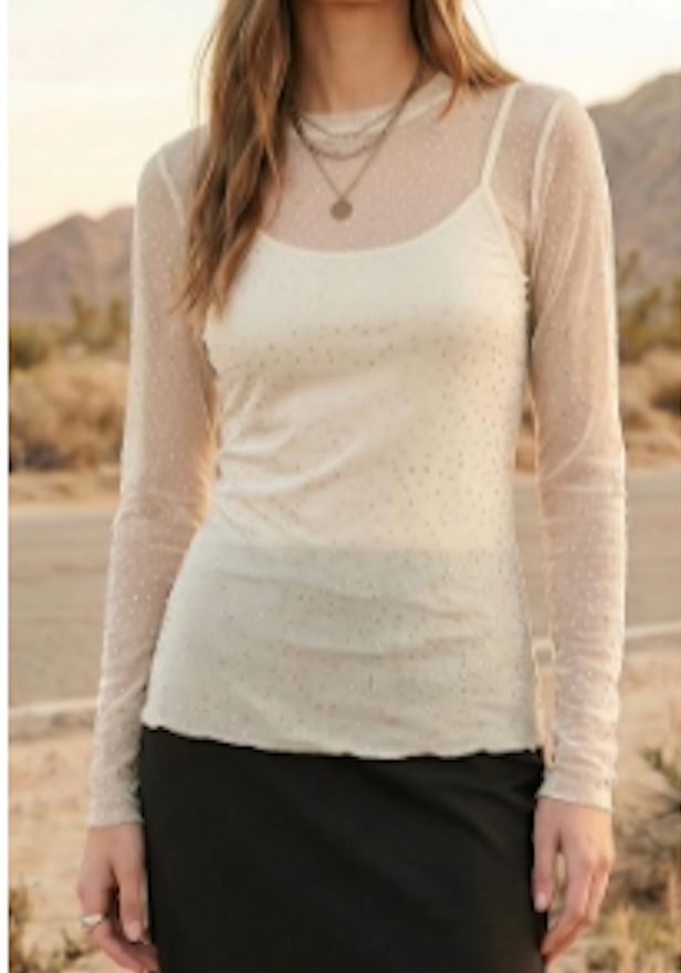 Ivory Mesh/Rhinestone Long Sleeve Top - 4864V