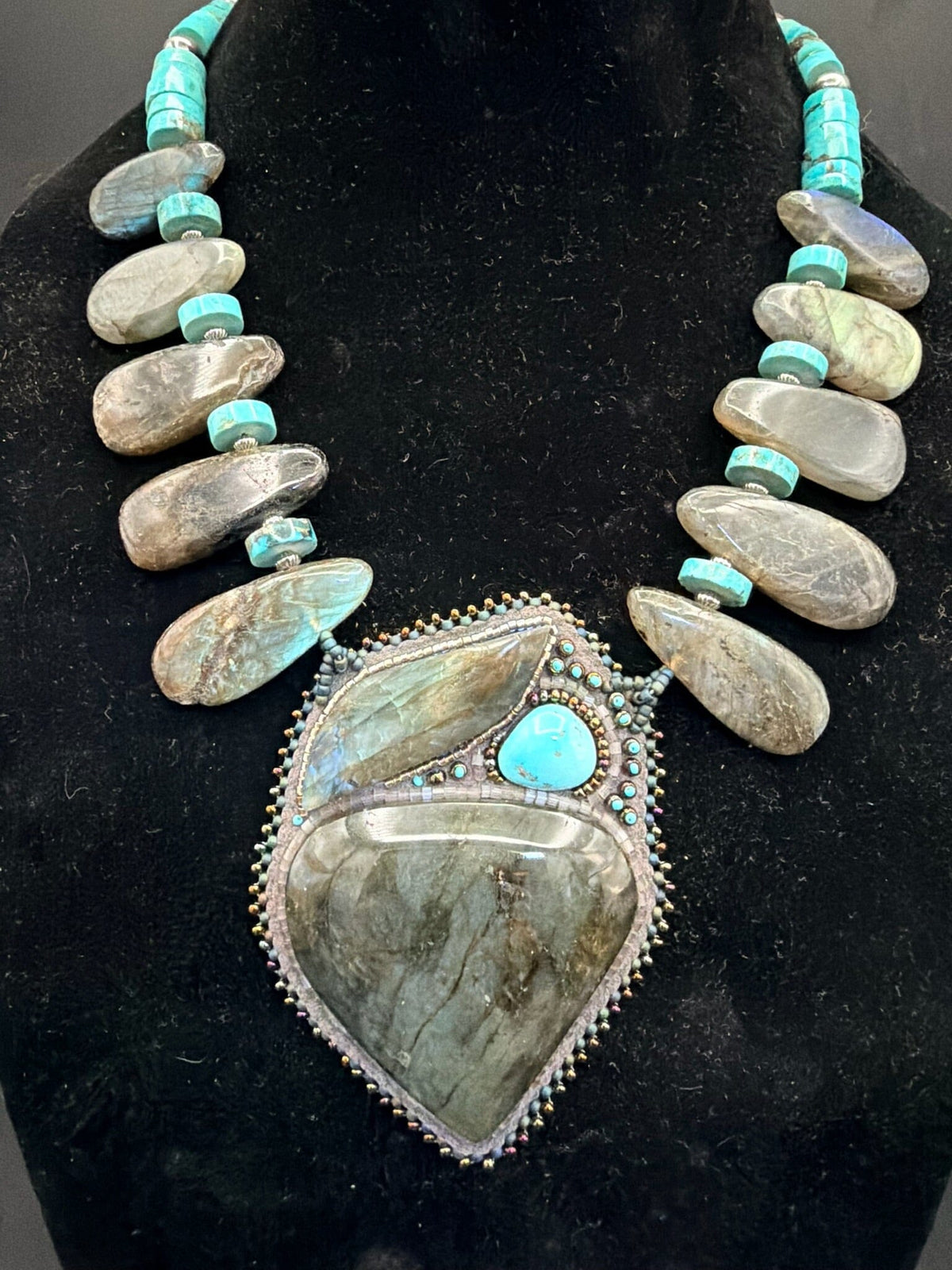 Labradorite & Turquoise Beaded Pendant W/ NP - NSZ229