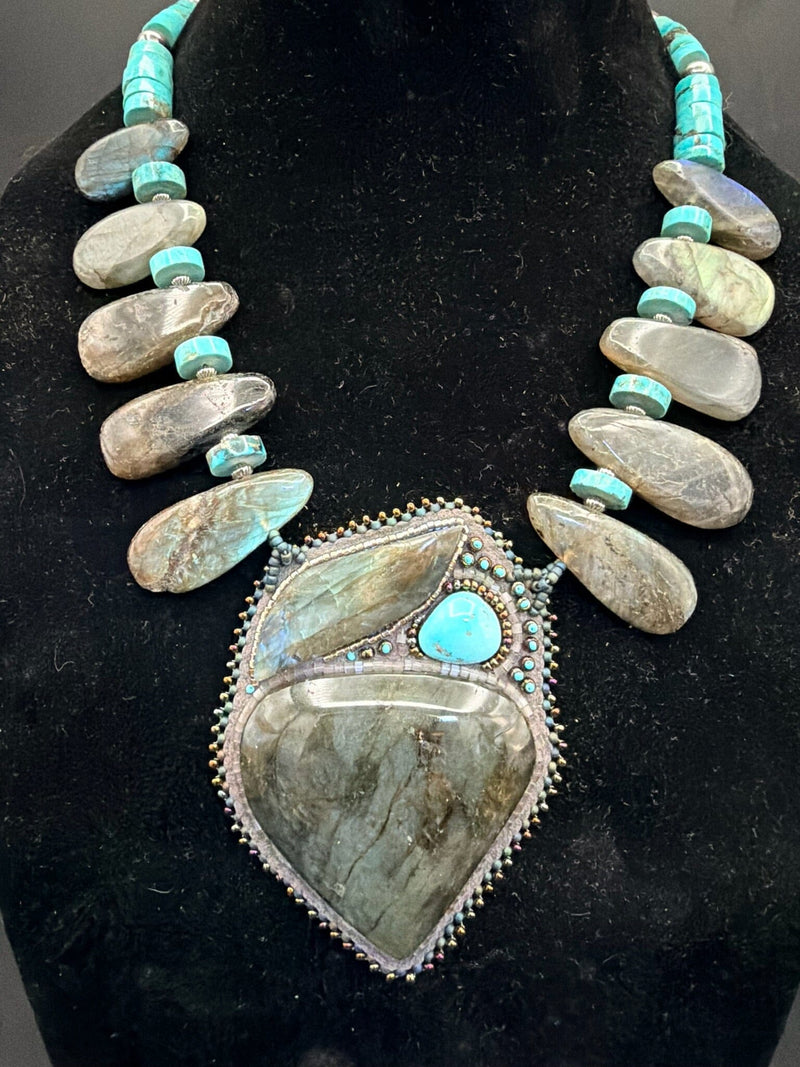 Labradorite & Turquoise Beaded Pendant W/ NP - NSZ229
