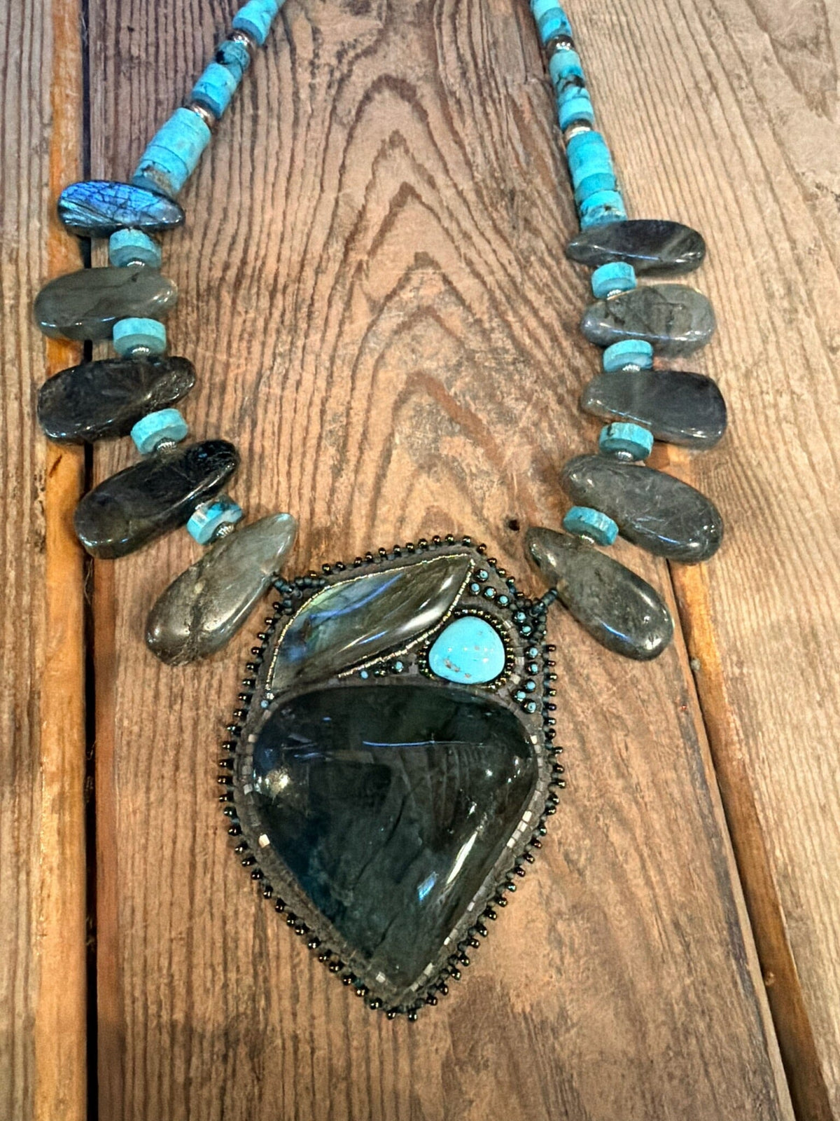 Labradorite & Turquoise Beaded Pendant W/ NP - NSZ229