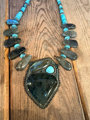 Labradorite & Turquoise Beaded Pendant W/ NP - NSZ229