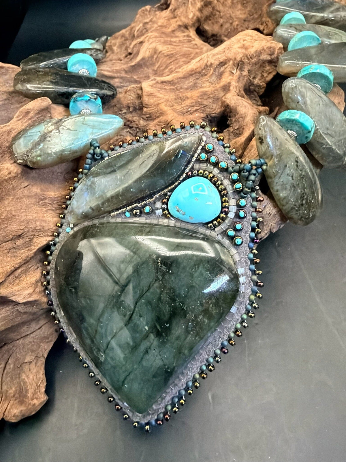 Labradorite & Turquoise Beaded Pendant W/ NP - NSZ229