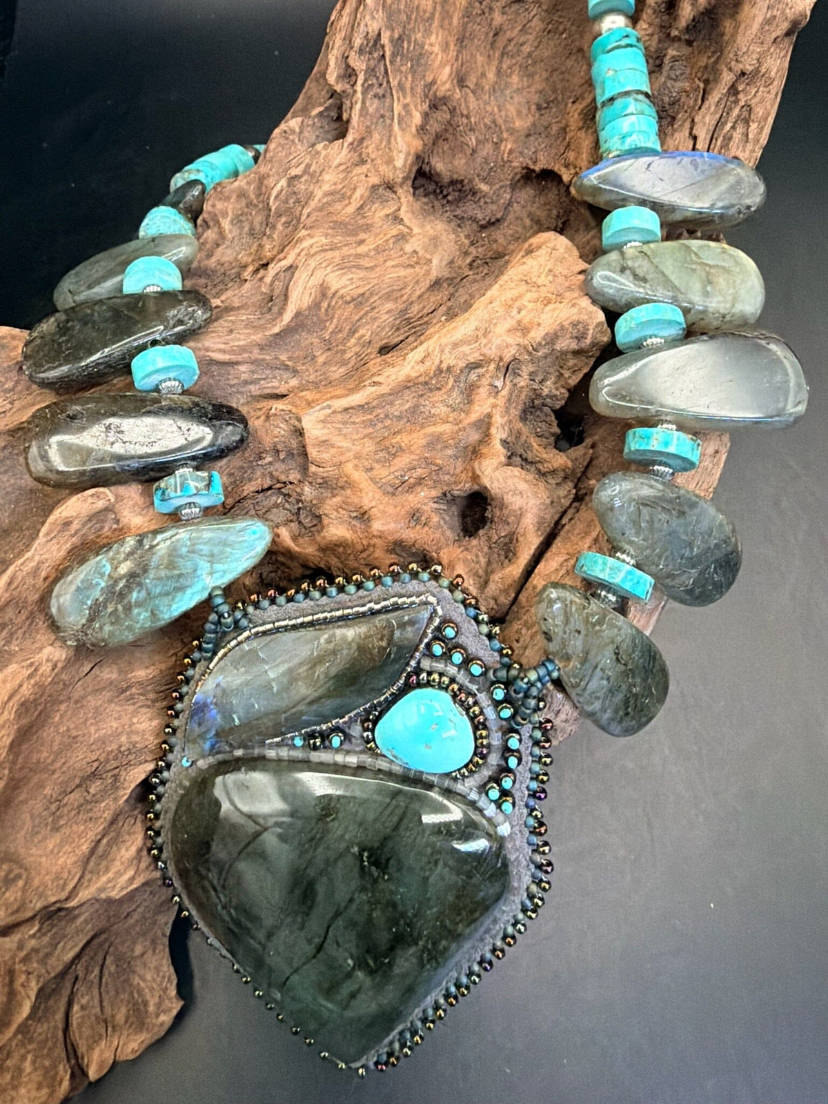 Labradorite & Turquoise Beaded Pendant W/ NP - NSZ229
