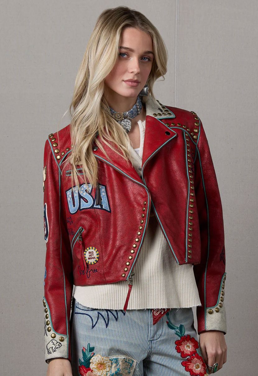 Lady Liberty Hot Rod Red Biker Jacket - Double D Ranch - C3514H