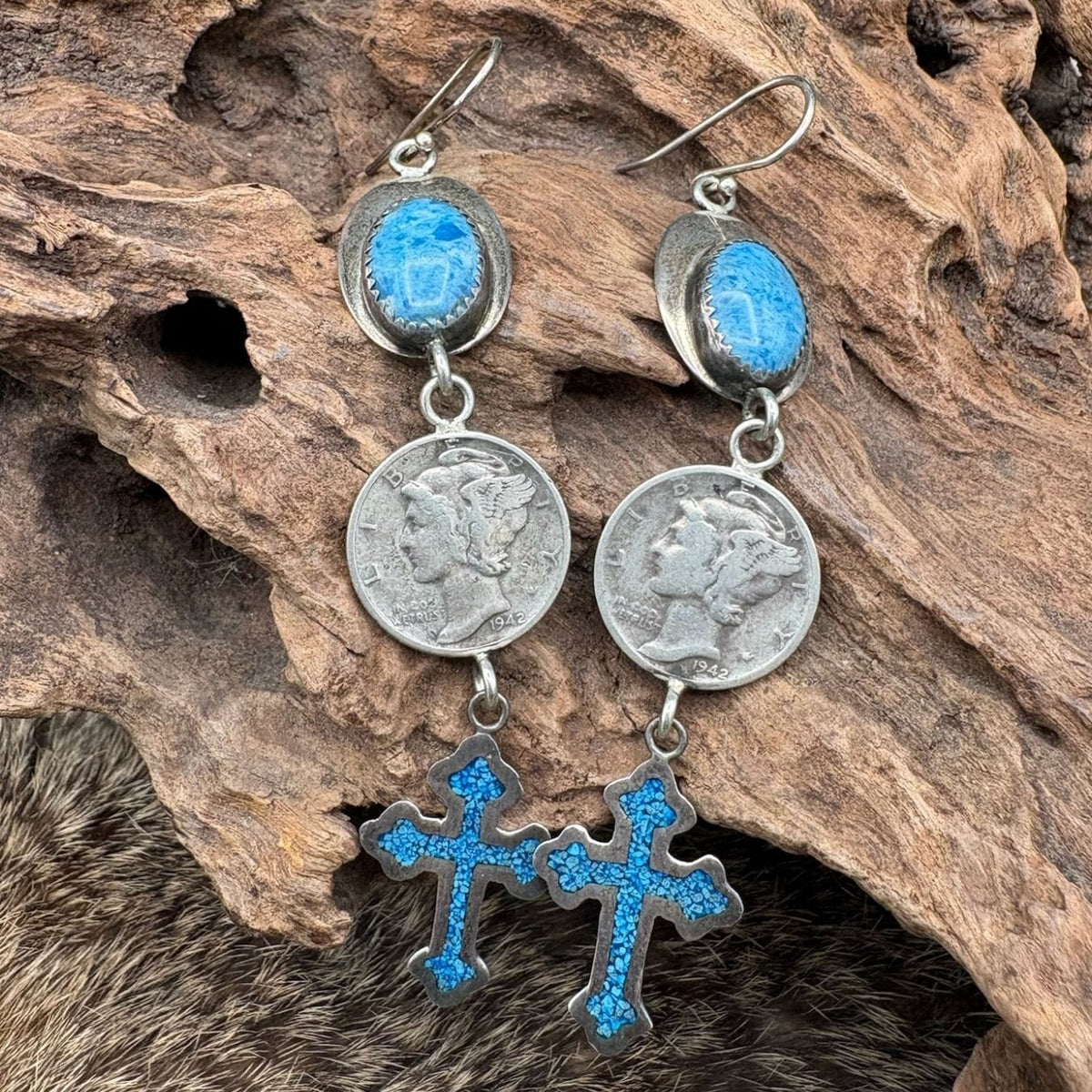 Lapis Inlay Cross Earrings - EVO4