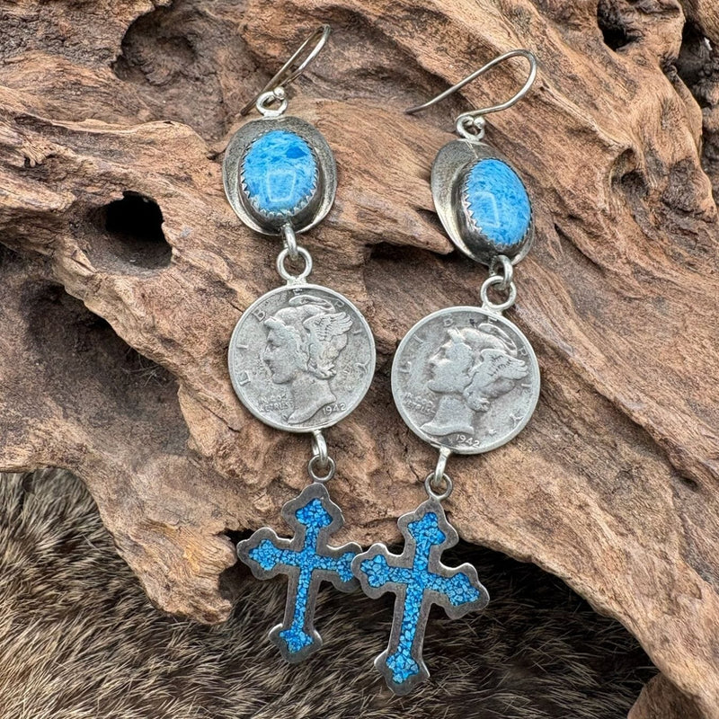 Lapis Inlay Cross Earrings - EVO4