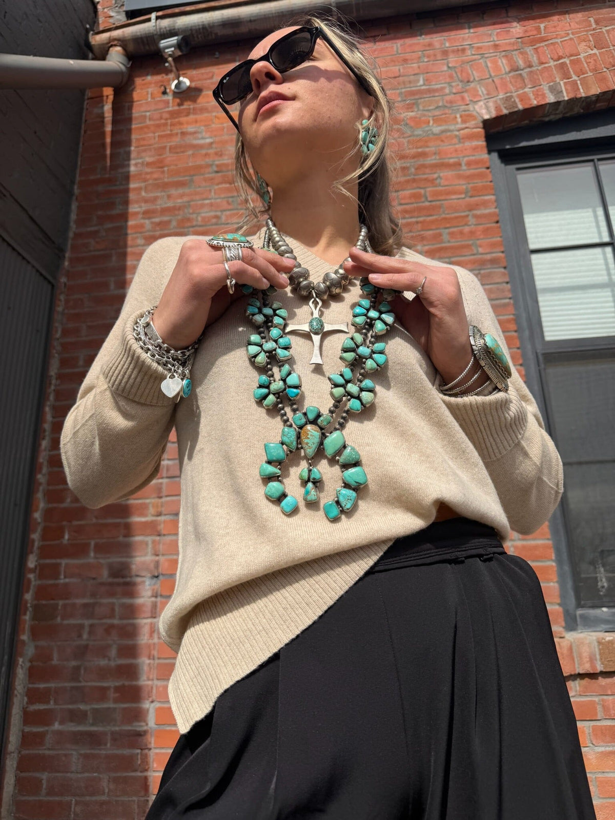 Large Turquoise & Sterling Squash Blossom Necklace - SQSW4