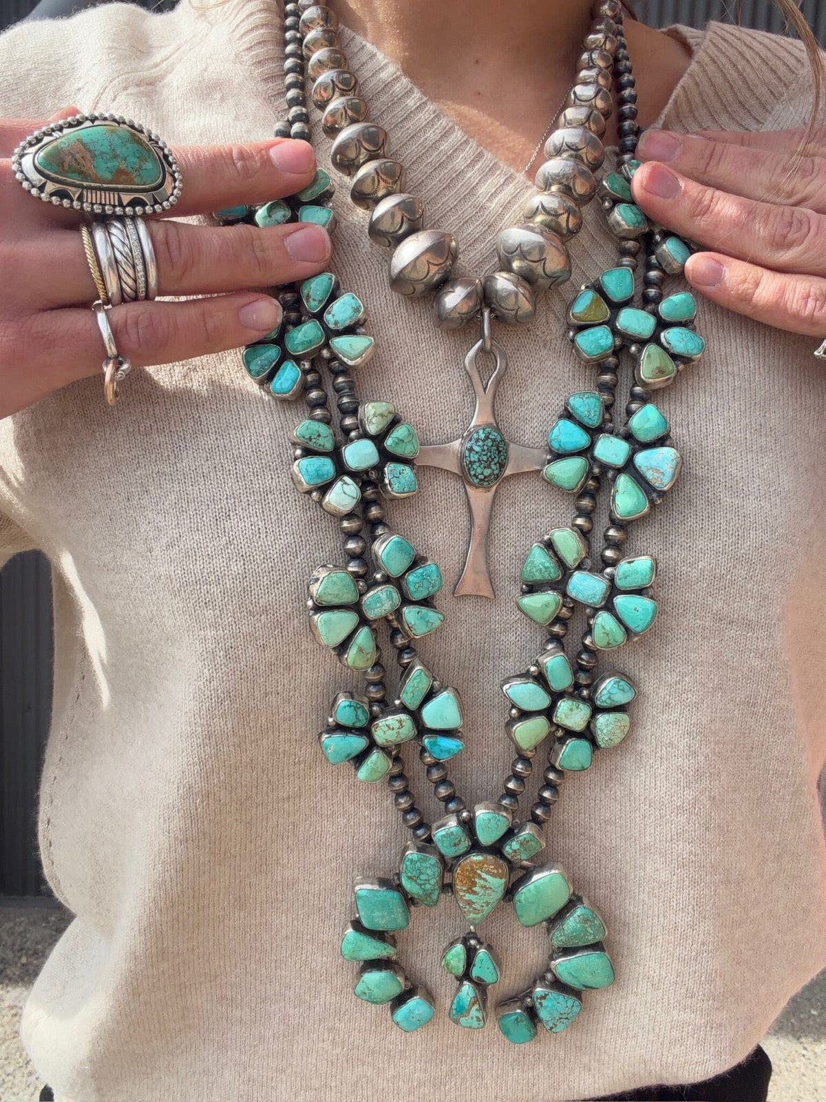 Large Turquoise & Sterling Squash Blossom Necklace - SQSW4