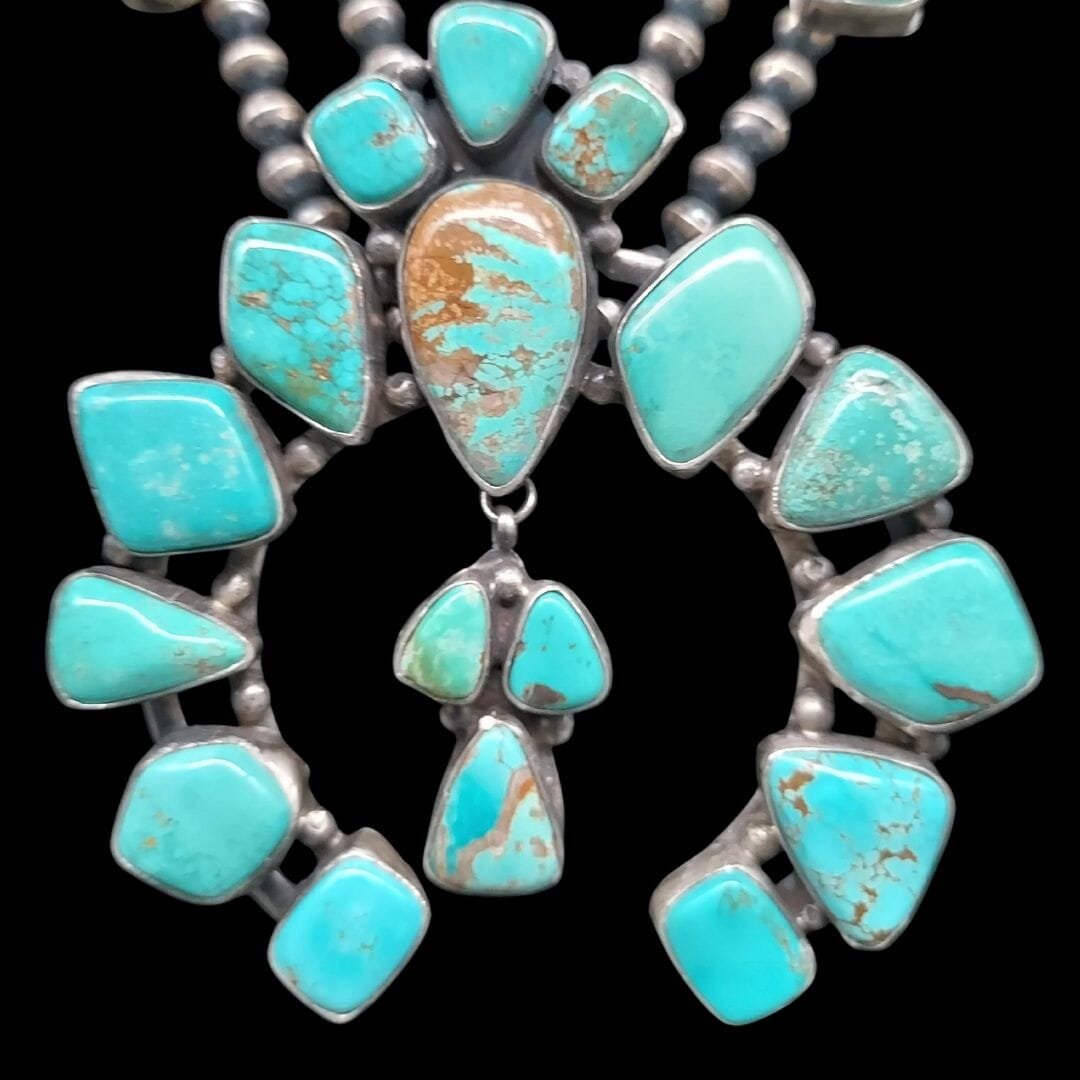 Large Turquoise & Sterling Squash Blossom Necklace - SQSW4