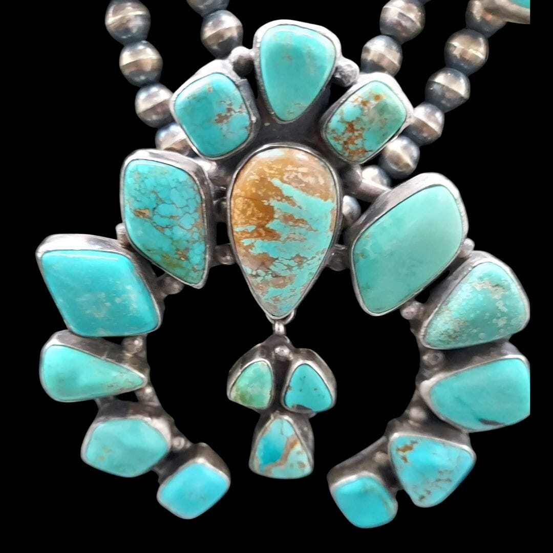 Large Turquoise & Sterling Squash Blossom Necklace - SQSW4