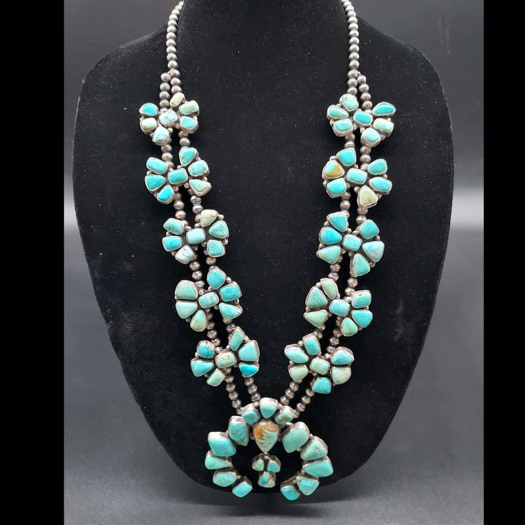 Large Turquoise & Sterling Squash Blossom Necklace - SQSW4
