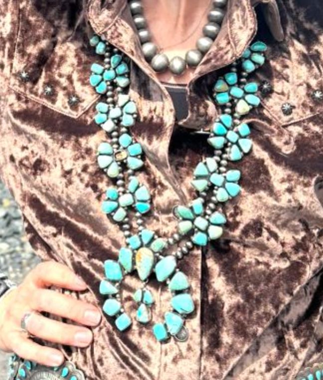 Large Turquoise & Sterling Squash Blossom Necklace - SQSW4