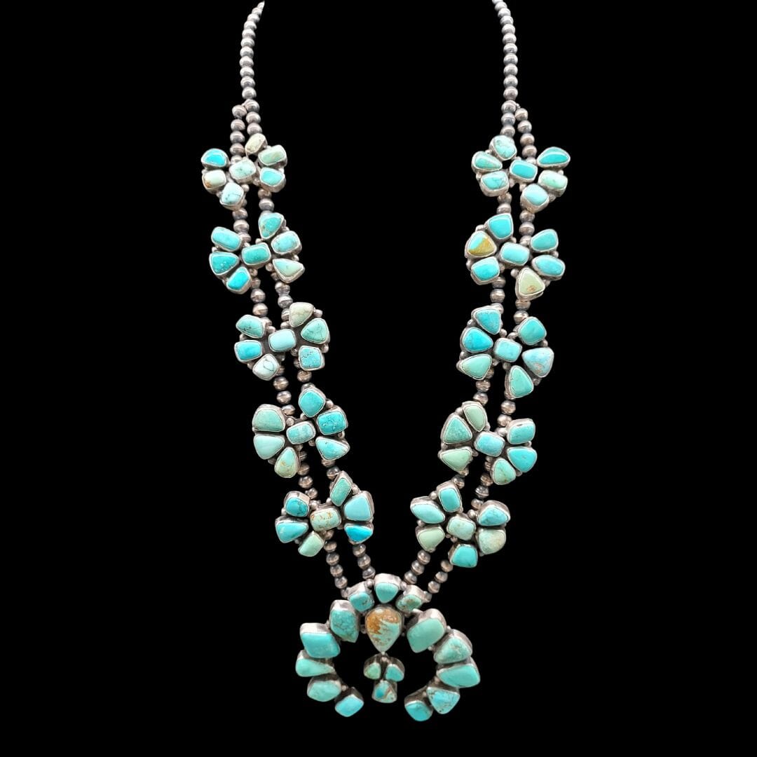Large Turquoise & Sterling Squash Blossom Necklace - SQSW4