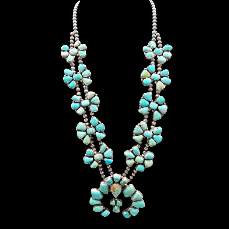 Large Turquoise & Sterling Squash Blossom Necklace - SQSW4
