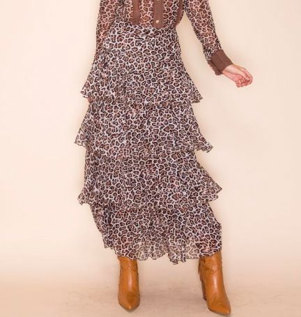 Leopard Print Mesh Tiered Maxi Skirt - 4690LE