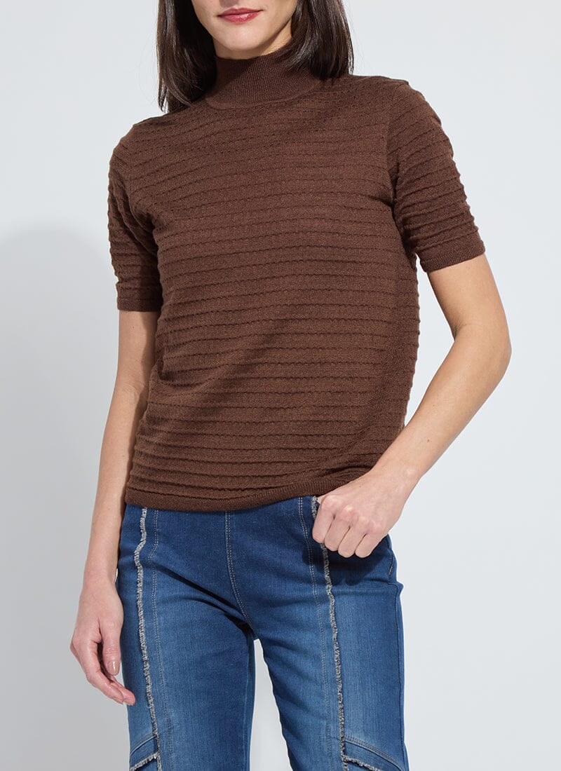 Lottie Smocked Mock Short Sleeve Sweater - Wood - LY3706W