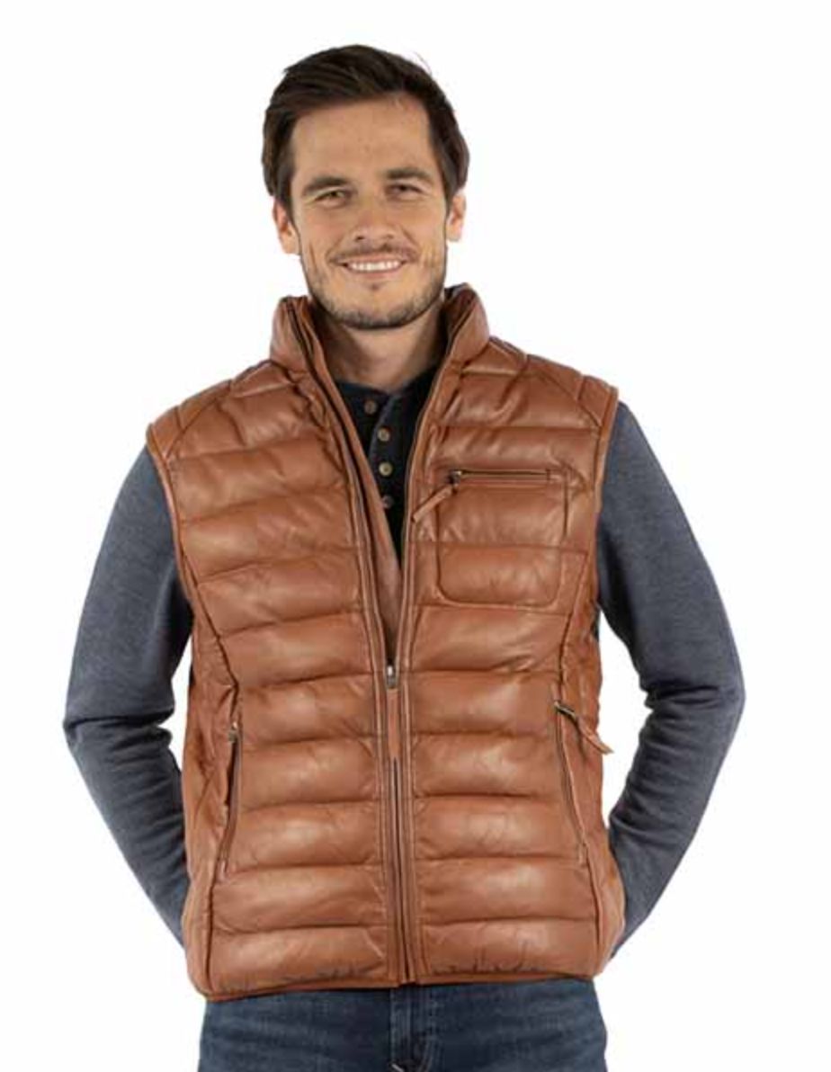 Men's Cognac Quilted Leather Vest - 619C