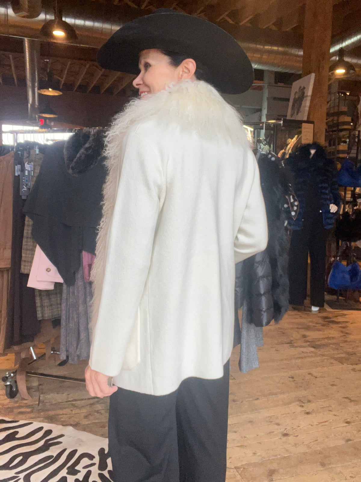 Merino/Lamb Trimmed Shawl Jacket - Chalk - LM1079C