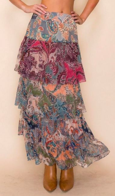 Multi Print Tiered Mesh Maxi Skirt - 4807D2