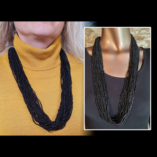 Vintage Multi-strand Black Beaded Necklace - Etsy
