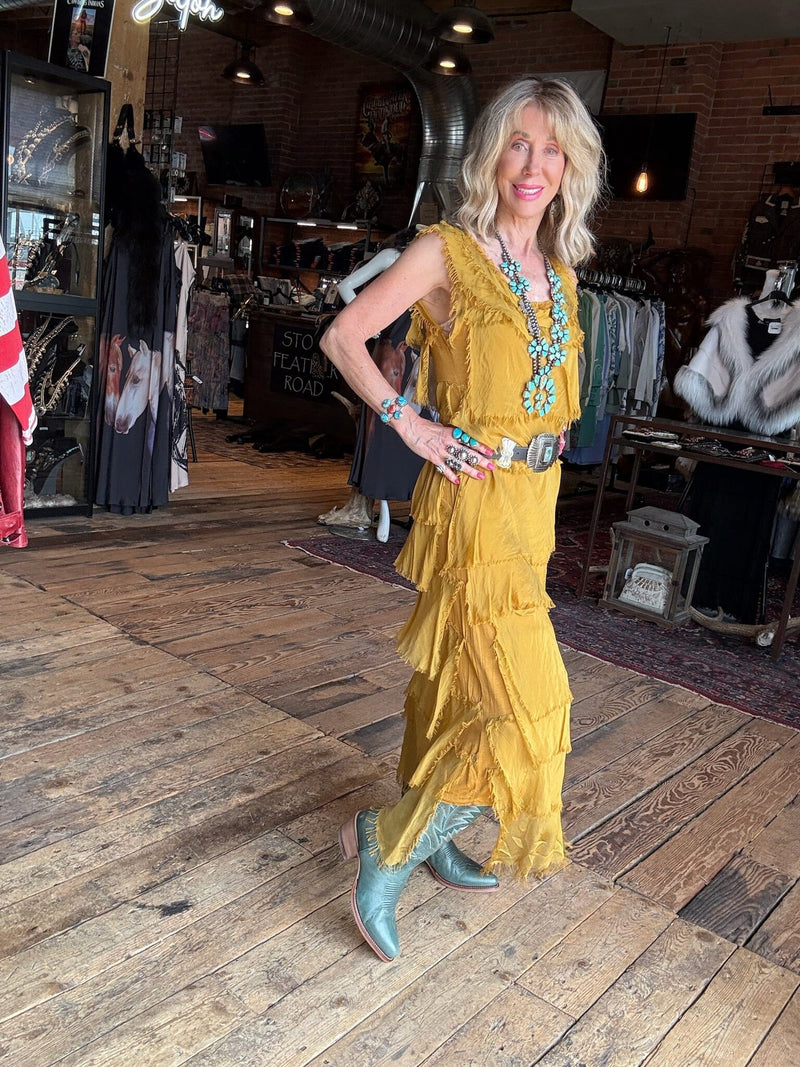 Mustard Silk Tiered Maxi Dress - DGG2-MU