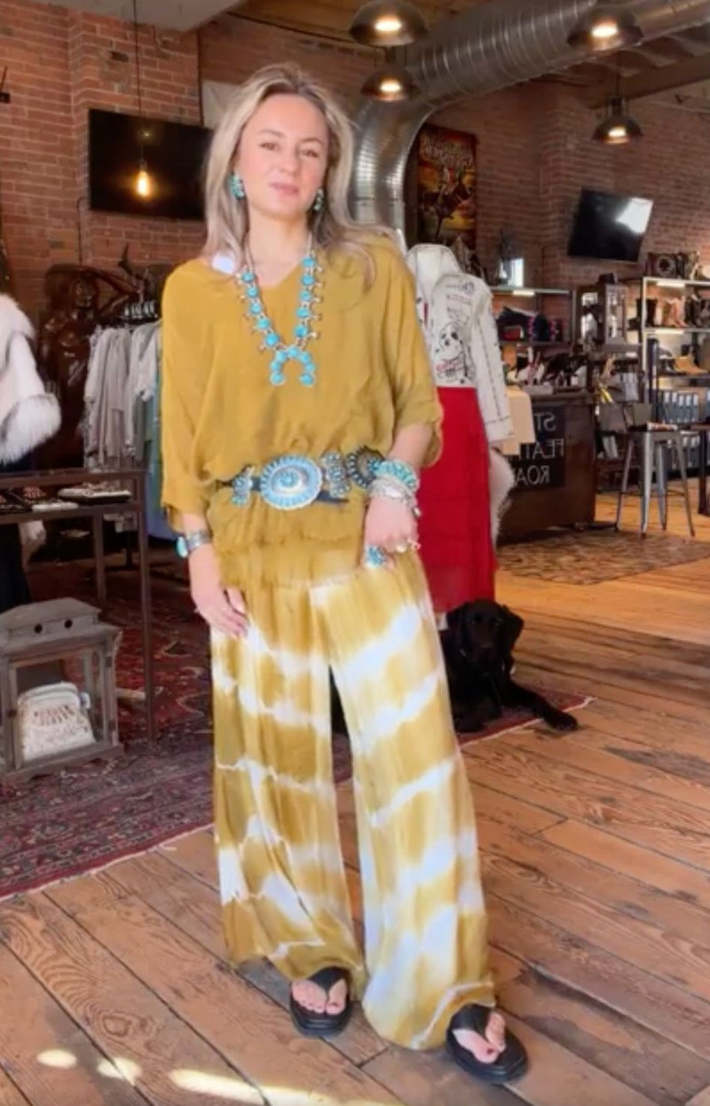 Mustard Tie-Dye Side Slit Silk Pant - 2184TD-MU