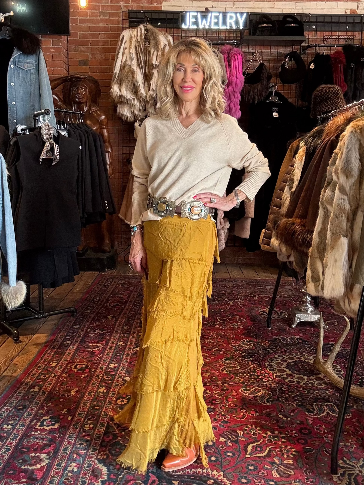 Mustard Tiered Silk Maxi Skirt - KGG1-MU