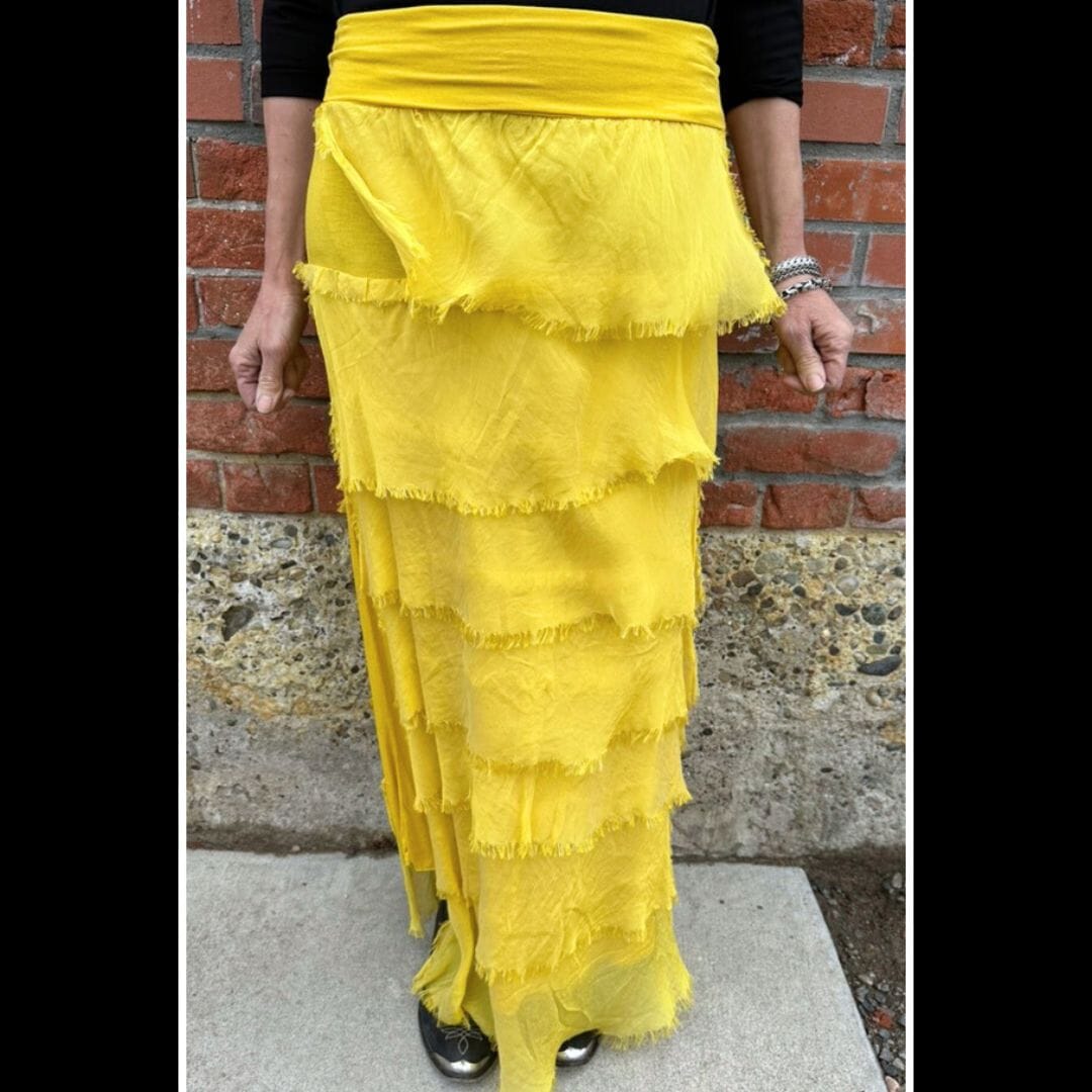 Mustard Tiered Silk Skirt - KGG1-MU – STONE FEATHER ROAD