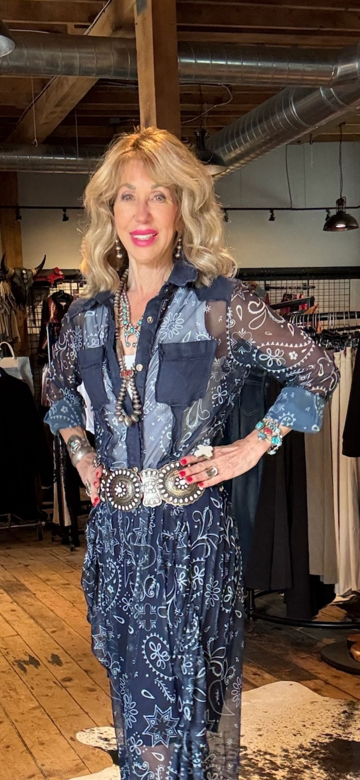 Navy Bandana Mesh Button Down Blouse - 4633NV