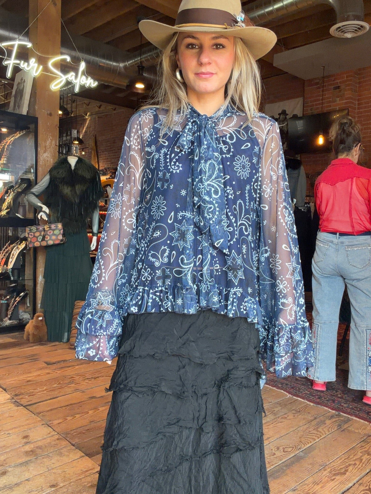 Navy Bandana Print Ruffle Mesh Blouse - 4809NB