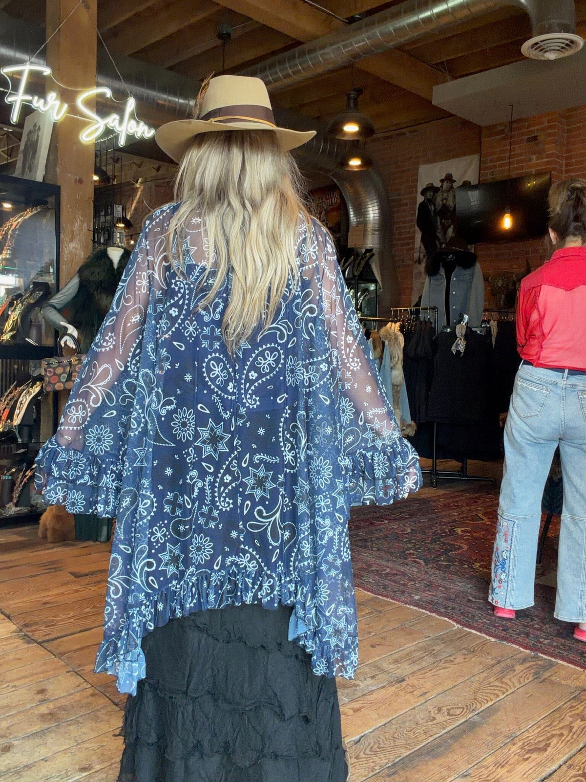 Navy Bandana Print Ruffle Mesh Blouse - 4809NB