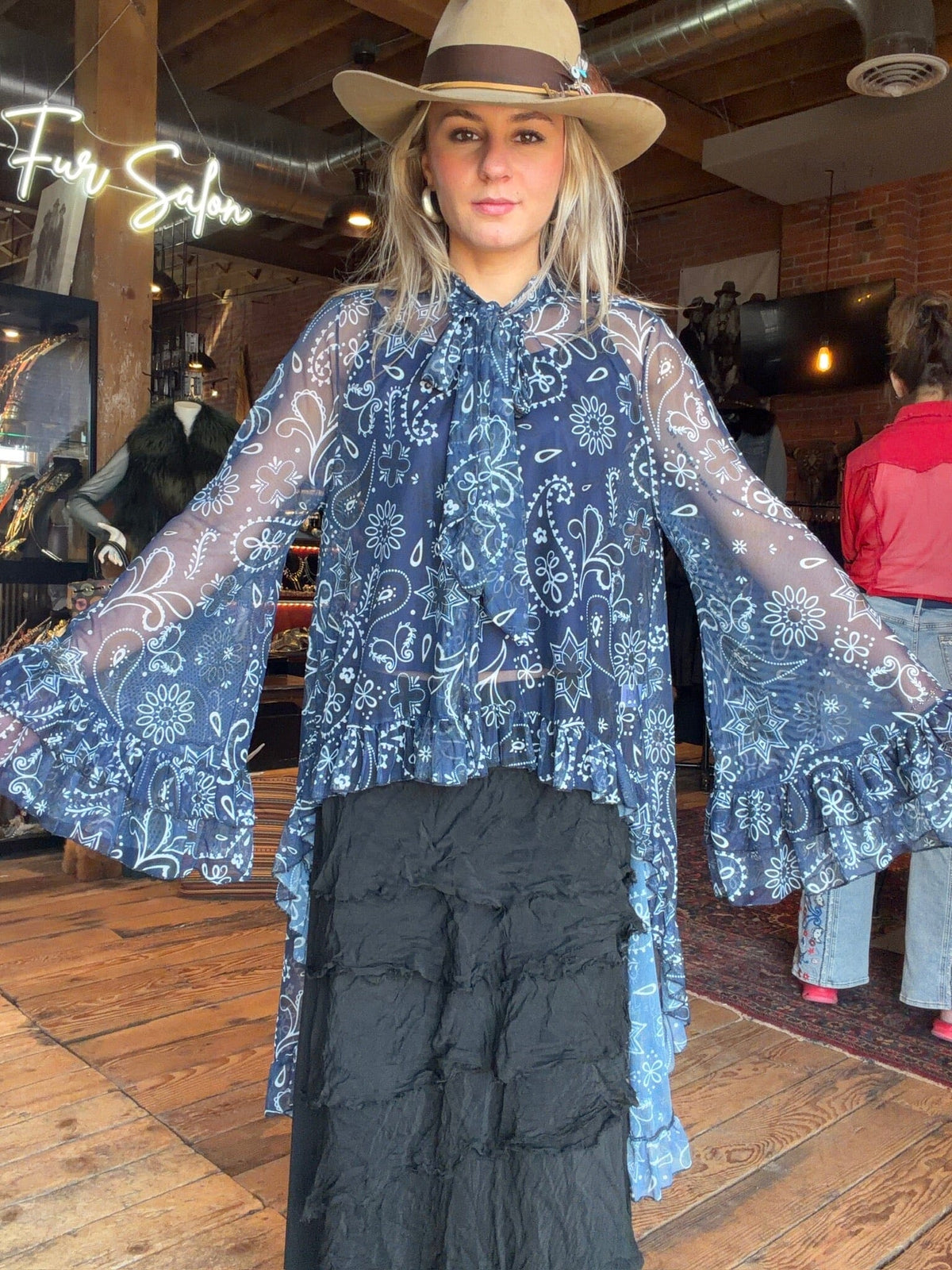 Navy Bandana Print Ruffle Mesh Blouse - 4809NB
