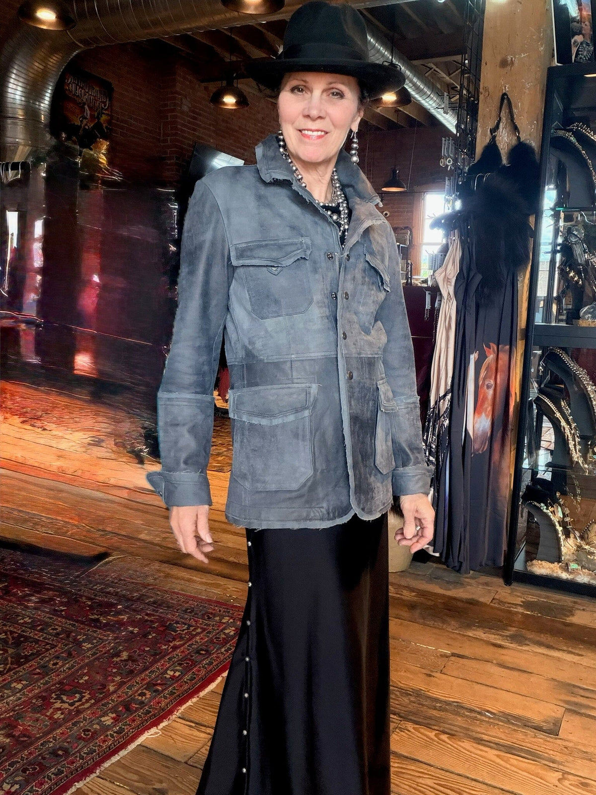 Navy Distressed Leather Jacket - 593JI