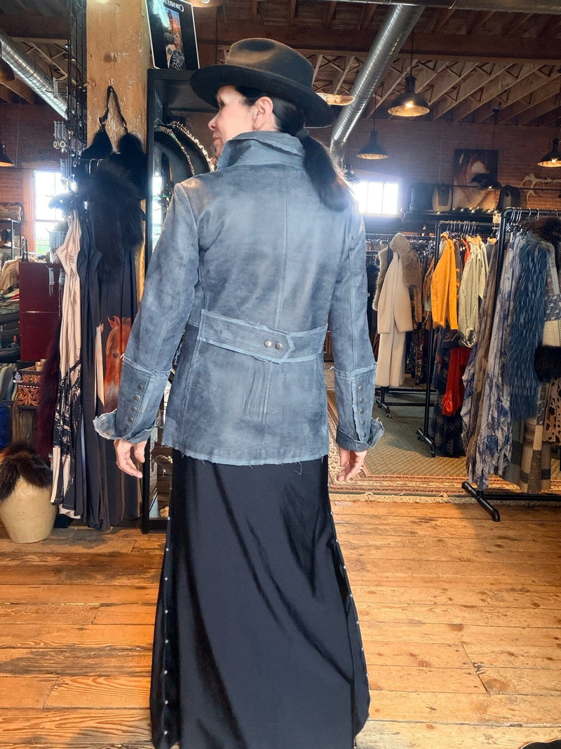 Navy Distressed Leather Jacket - 593JI
