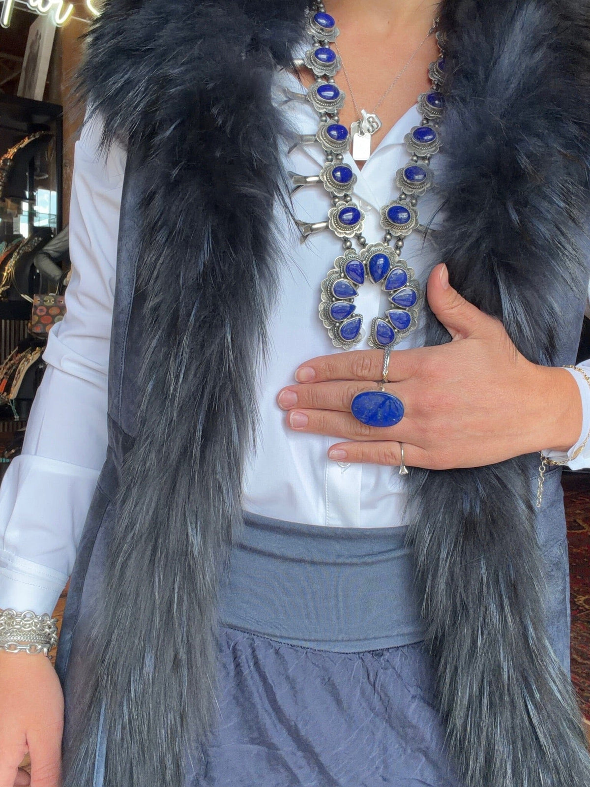 Navy Shearling/Raccoon Fur Vest - 2705VN