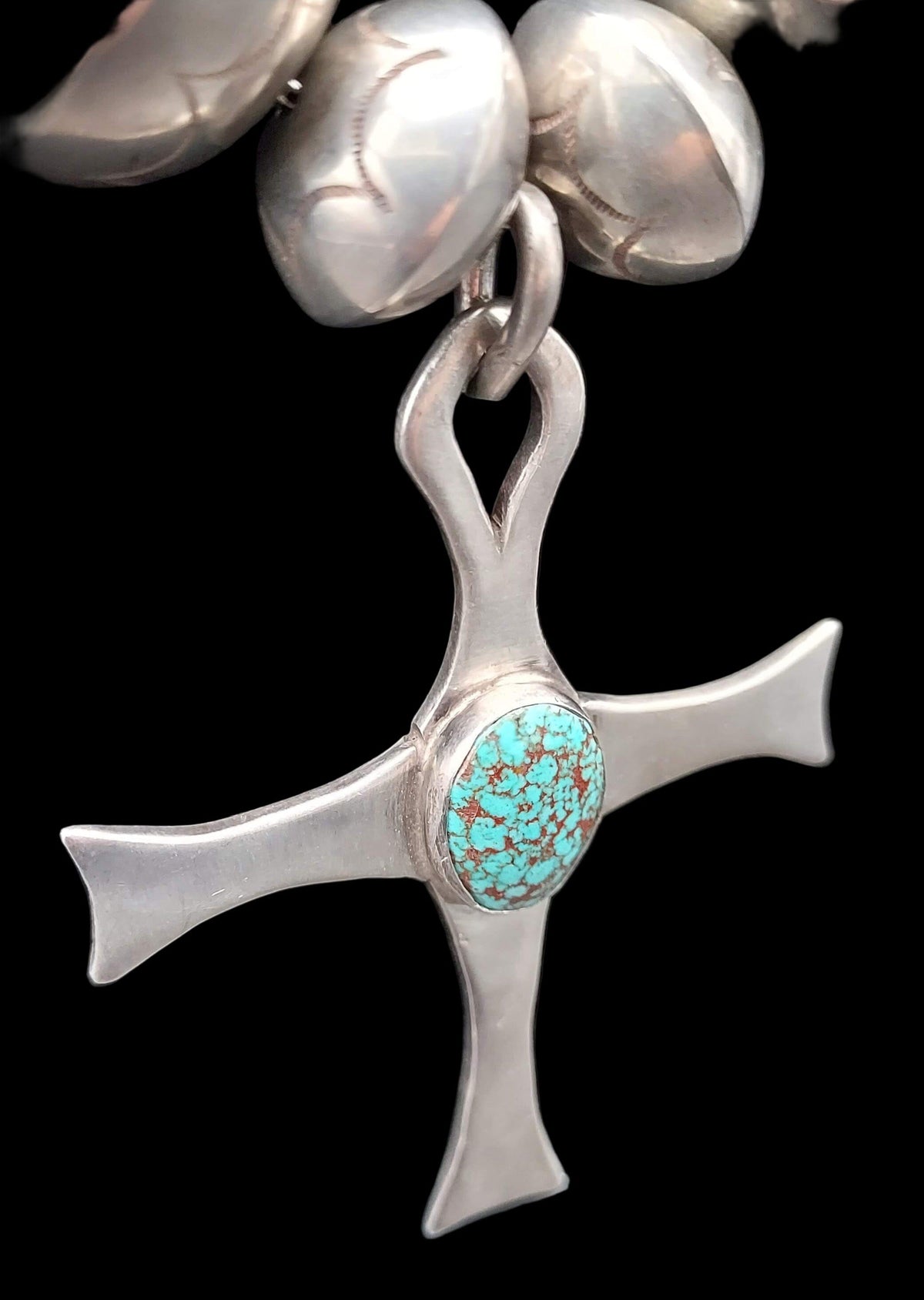 Necklace, Kingman Turquoise Cross and Stamped Sterling Silver Beads - NVO13