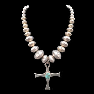 Necklace, Kingman Turquoise Cross and Stamped Sterling Silver Beads - NVO13