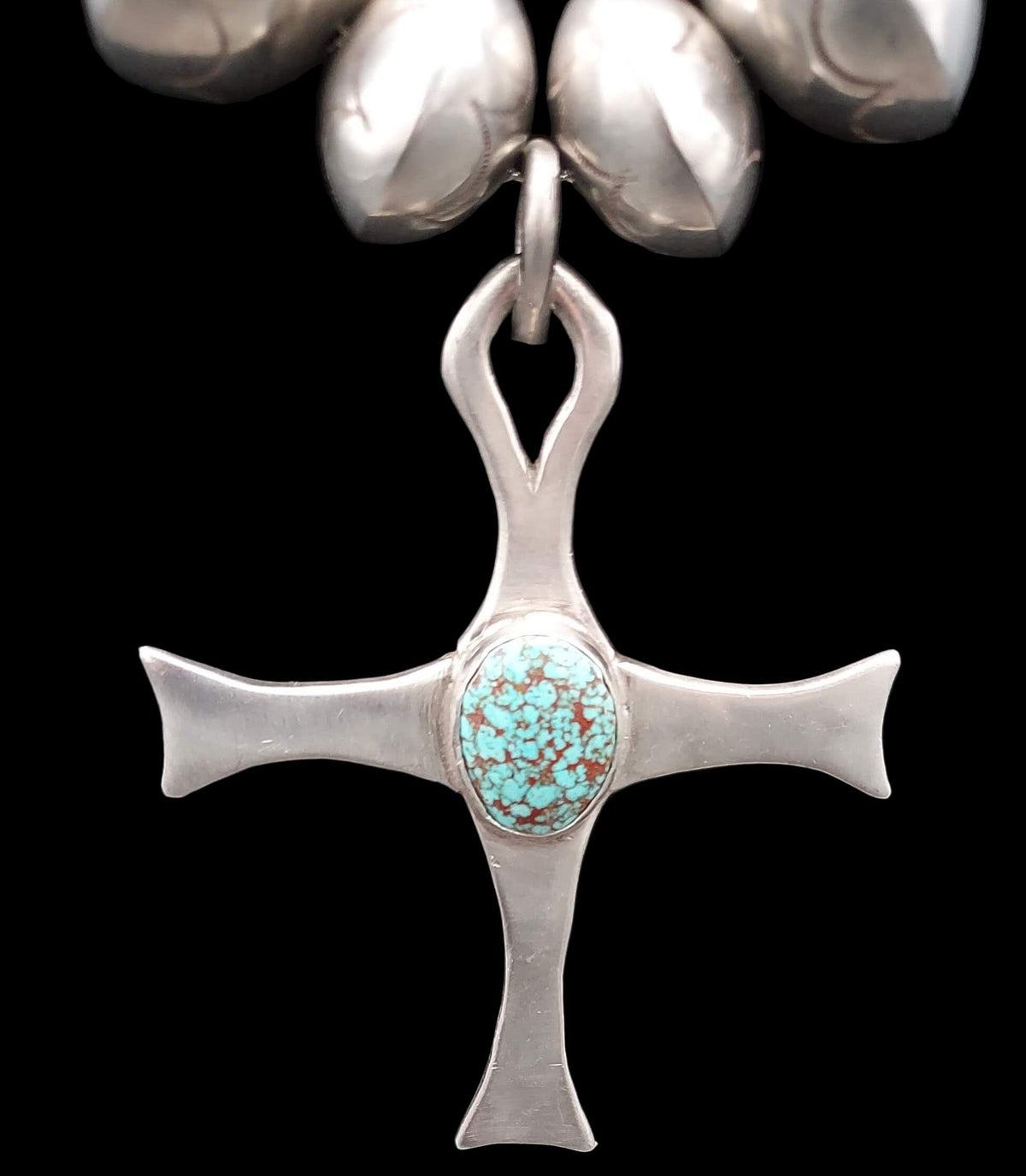 Necklace, Kingman Turquoise Cross and Stamped Sterling Silver Beads - NVO13