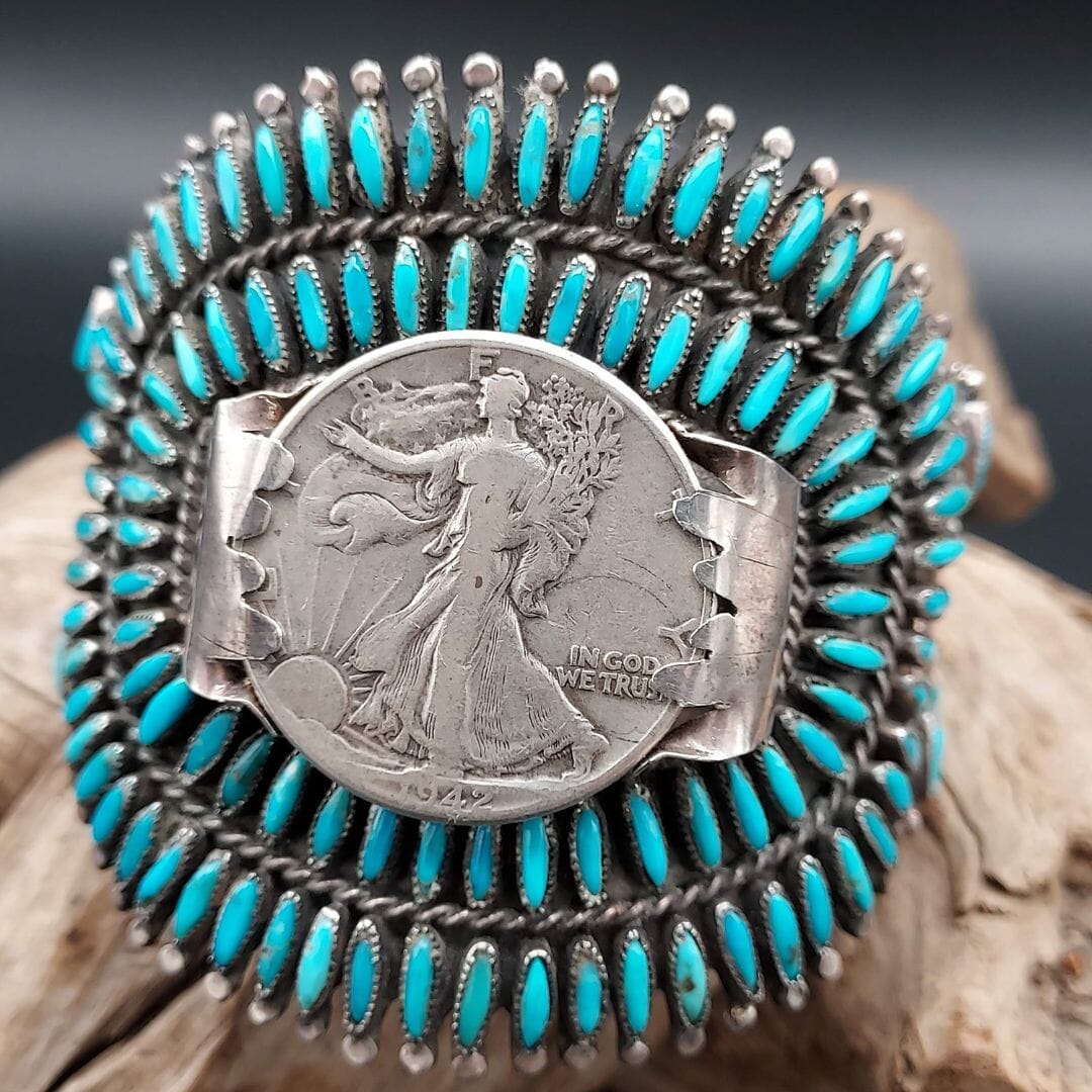 Needlepoint Turquoise Cuff with 1942 Walking Liberty Half Dollar – S.M. Bahe - CVO12
