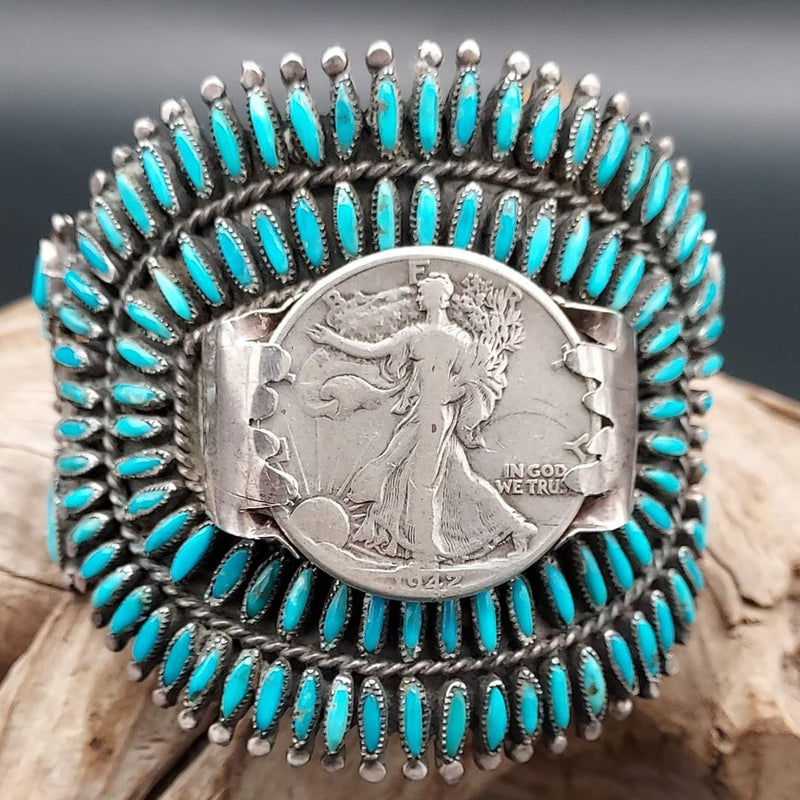 Needlepoint Turquoise Cuff with 1942 Walking Liberty Half Dollar – S.M. Bahe - CVO12
