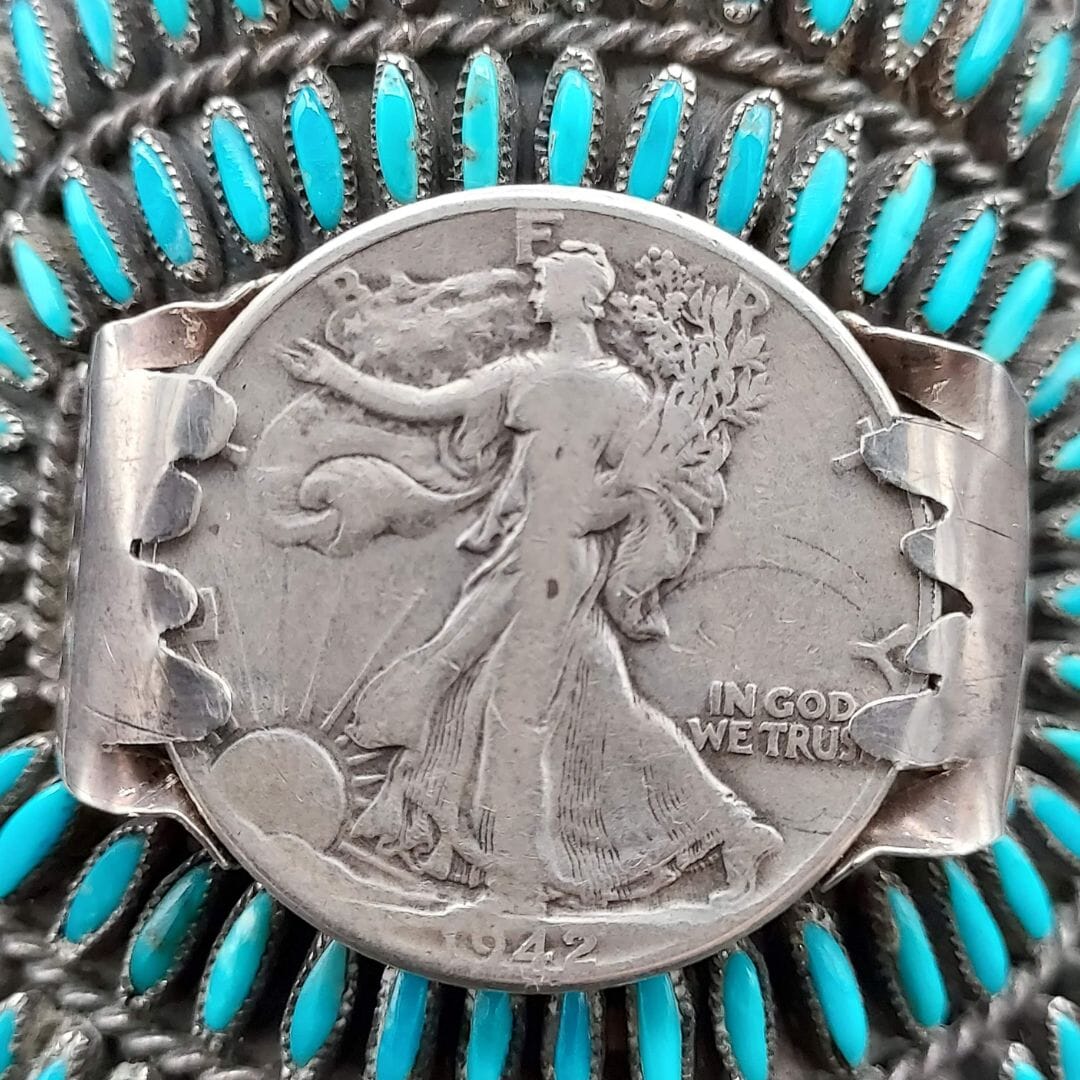 Needlepoint Turquoise Cuff with 1942 Walking Liberty Half Dollar – S.M. Bahe - CVO12