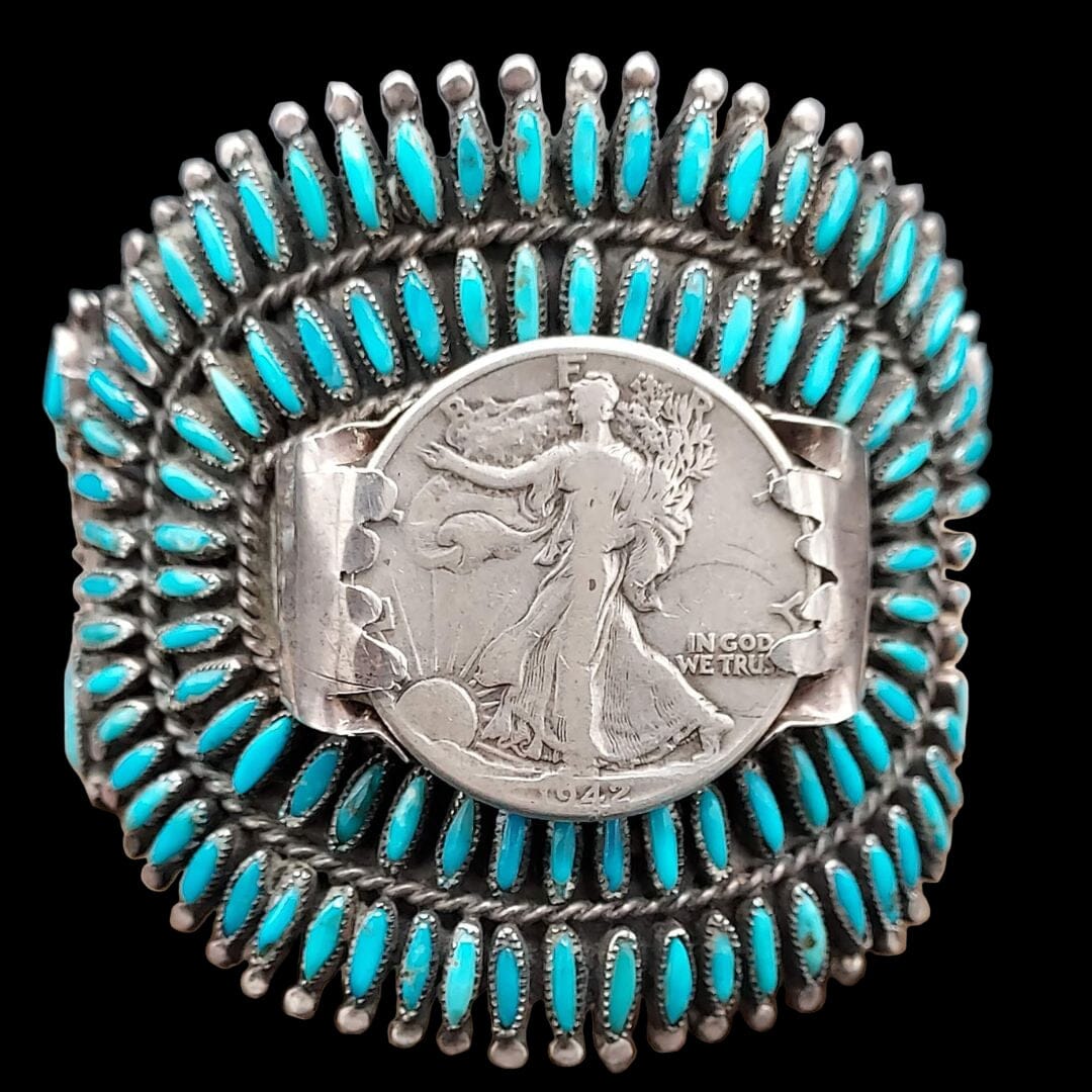 Needlepoint Turquoise Cuff with 1942 Walking Liberty Half Dollar – S.M. Bahe - CVO12