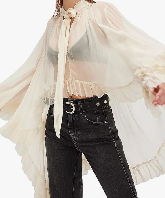 Off White Bell Sleeve Frill Sheer Blouse - SHAM1-OW